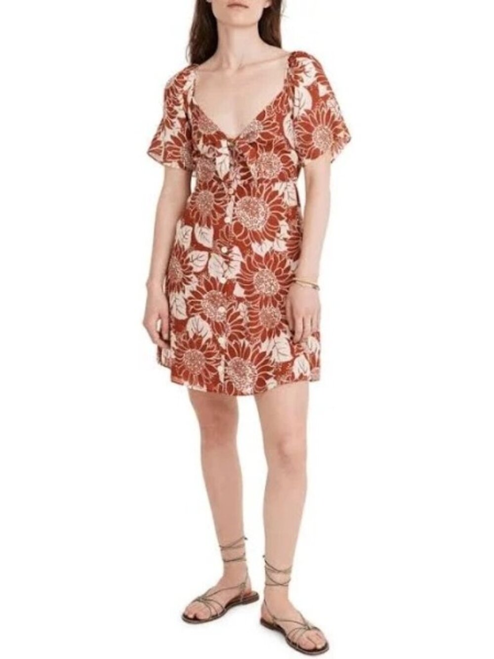 Sunflower Madewell 100% Silk Dress Size 14 Rust Short Sleeve Button-Up Boho